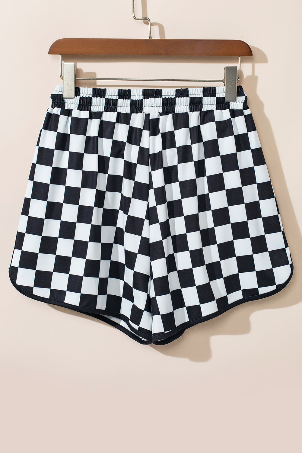 Black Checkered Drawstring Elastic Waist Casual Shorts