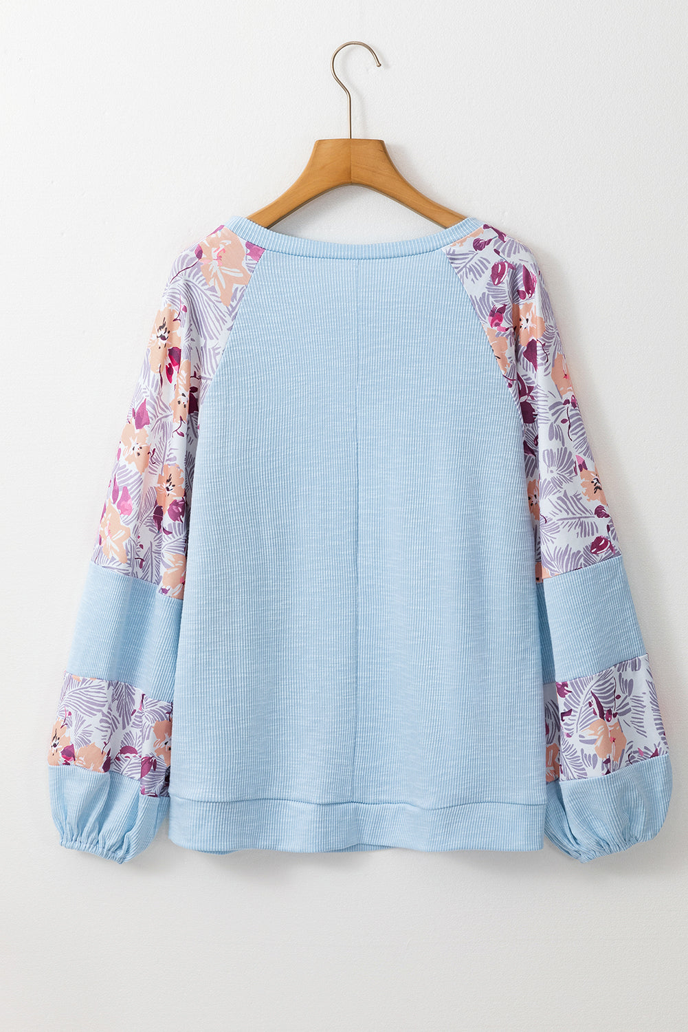 Beau Blue Textured Floral Patchwork Balloon Sleeve Blouse