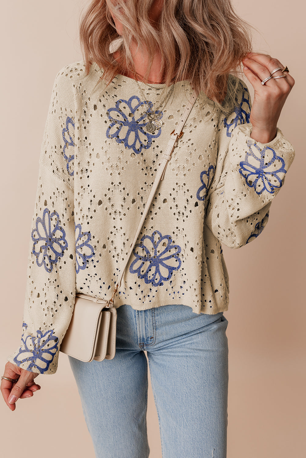 Beige Contrast Flower Print Eyelet Drop Shoulder Sweater