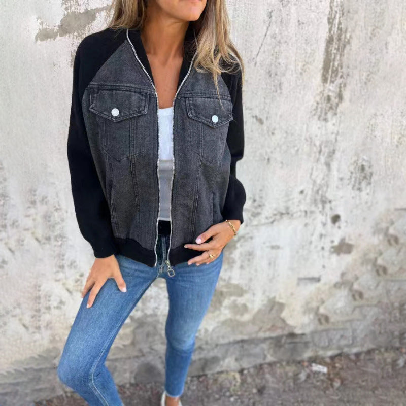 Autumn And Winter New Denim Stitching Jacket Amazon Casual Fashion Rub Shoulder Sleeve Coat Women&#039;s Clothing