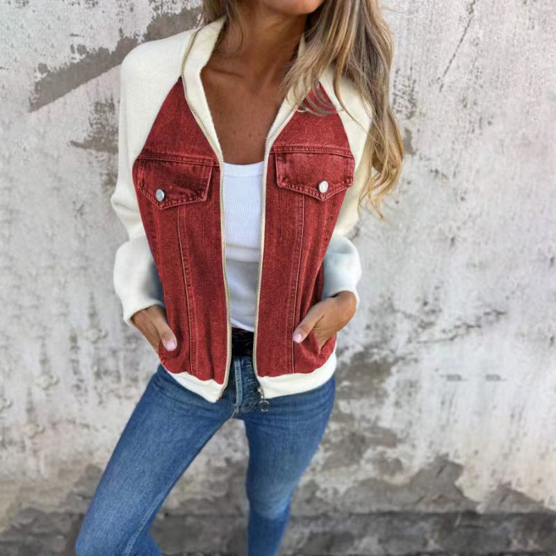 Autumn And Winter New Denim Stitching Jacket Amazon Casual Fashion Rub Shoulder Sleeve Coat Women&#039;s Clothing