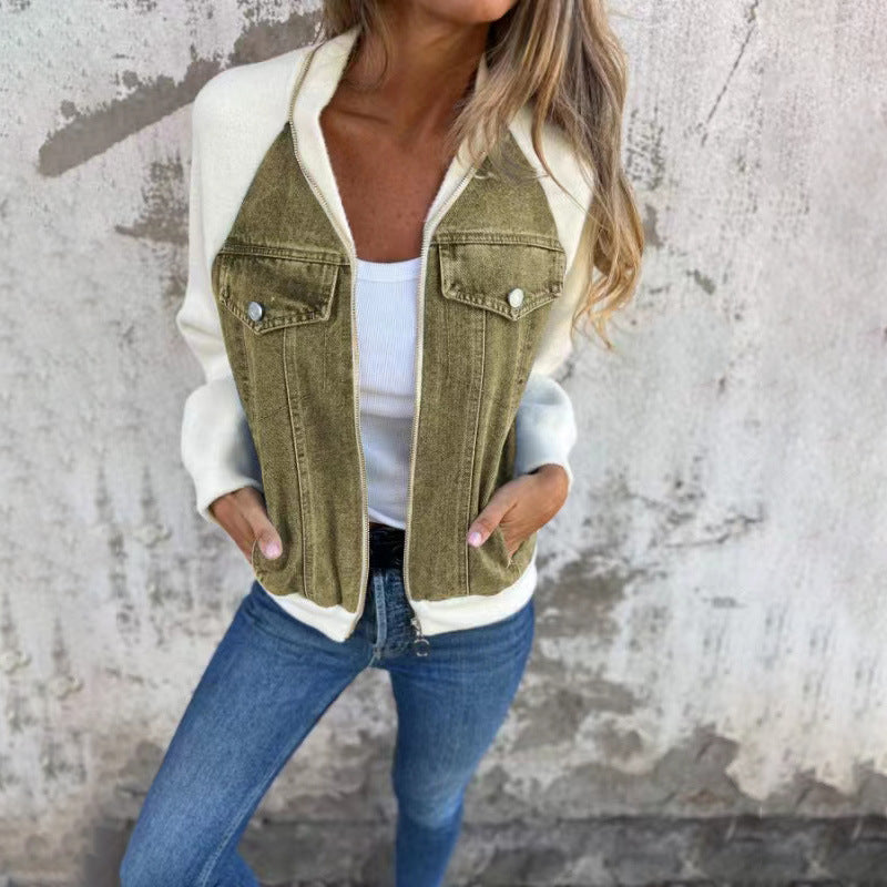 Autumn And Winter New Denim Stitching Jacket Amazon Casual Fashion Rub Shoulder Sleeve Coat Women&#039;s Clothing