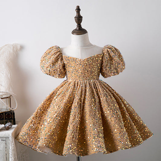 Yellow Children's One-Year-Old Dress Puff Sleeve Princess Dress Sequins Stylish Girl's Baby Girl's Birthday Party Dress