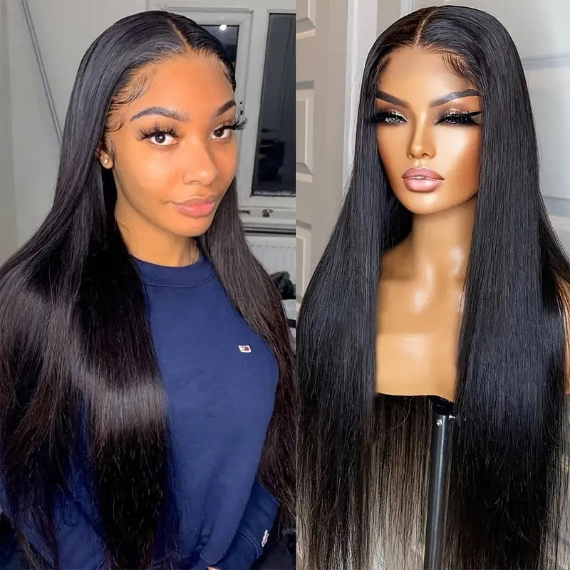 13x4 Silky Straight Lace Front Wig Human Hair 22-26 Inch Long Hair Transparent Frontal 180% Density Bleached Knots For Women Natural Black Pre-Plucked Hairline