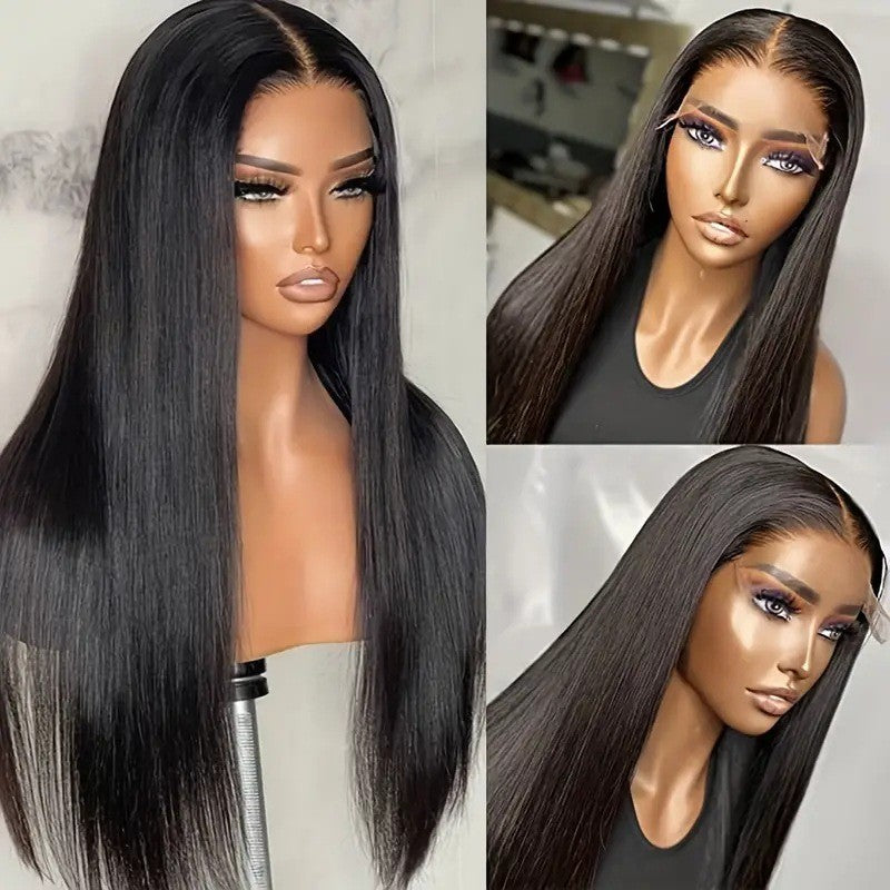 13x4 Silky Straight Lace Front Wig Human Hair 22-26 Inch Long Hair Transparent Frontal 180% Density Bleached Knots For Women Natural Black Pre-Plucked Hairline