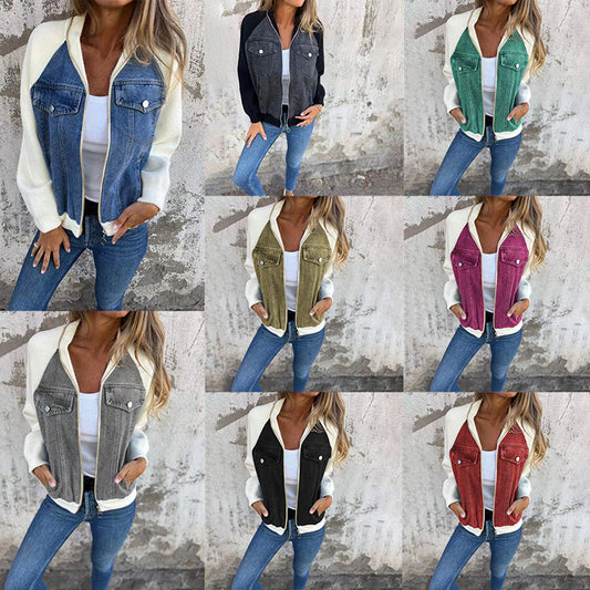 Autumn And Winter New Denim Stitching Jacket Amazon Casual Fashion Rub Shoulder Sleeve Coat Women&#039;s Clothing