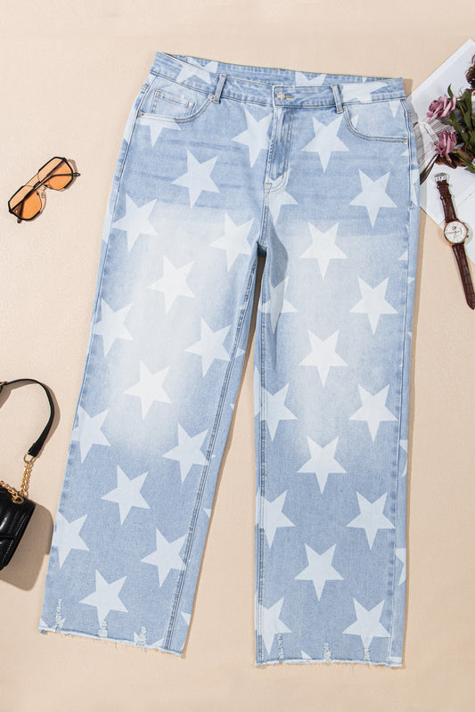 Beau Blue High Waist Star Pattern Plus Size Jeans